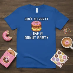 Ain't No Party Like A Donut Party t-shirt with stacked donuts graphic in pixel art style, blue shirt
