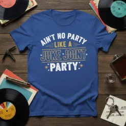 Ain't No Party Like A Juke Joint Party text design on a royal blue t-shirt with retro styling