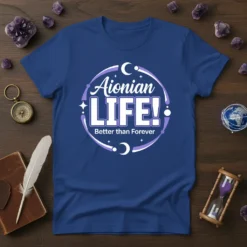 Aionian LIFE! Better than Forever quote t-shirt with celestial graphics and bold typography