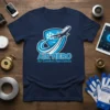 Navy t-shirt with "AIR-HERO Air Comfort Specialists" logo featuring an airplane, snowflake, and swooshing lines