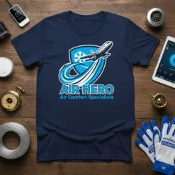 Navy t-shirt with "AIR-HERO Air Comfort Specialists" logo featuring an airplane, snowflake, and swooshing lines