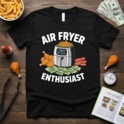Air Fryer Enthusiast t-shirt design with text and cartoon graphics of an air fryer, fried chicken, bacon, and money