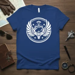 AIR Pilot Helmet Wings T-Shirt design with a vintage-style pilot helmet, protective goggles, and stylized wings. Includes the word "AIR"