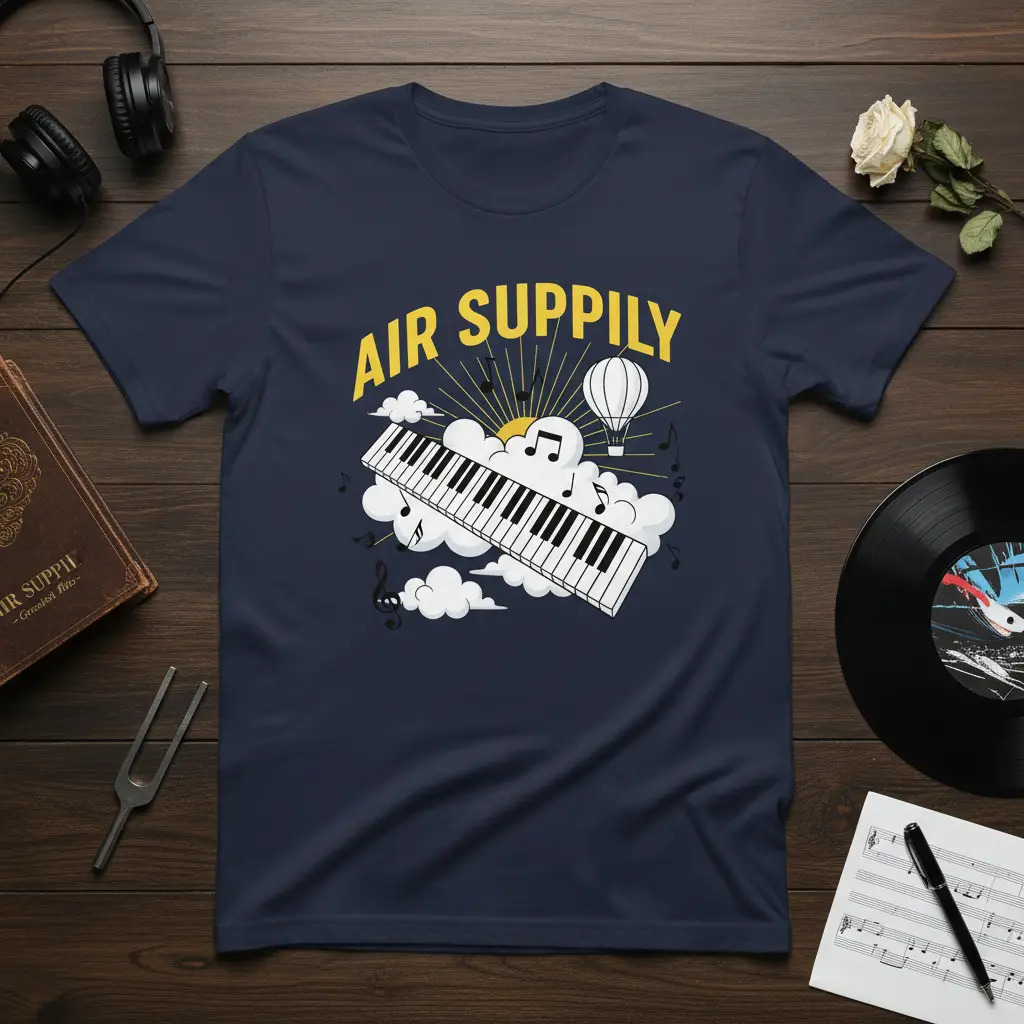 Air Supply piano keyboard design with clouds and hot air balloon, perfect for music lovers