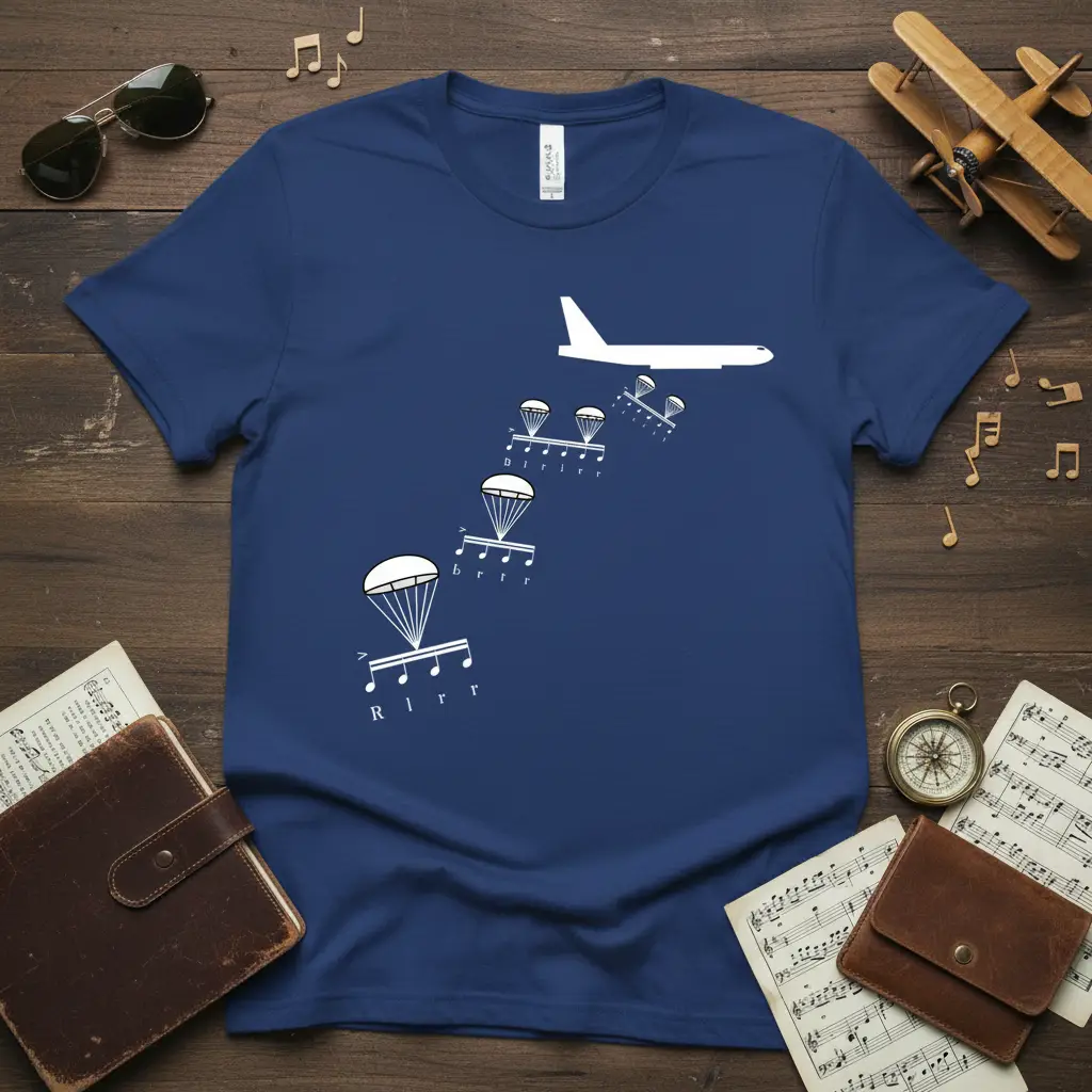 Airplane Parachute Music Notes unique artwork printed on quality cotton blend creating a standout t-shirt