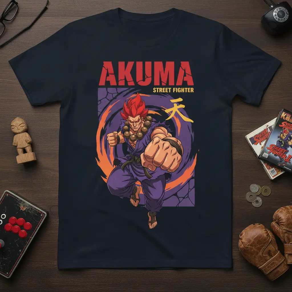 Akuma Street Fighter character in action pose with kanji symbol and energy effects on a dark tee