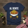 Al Dente text above a bowl of spaghetti with tomatoes and forks, on a navy t-shirt