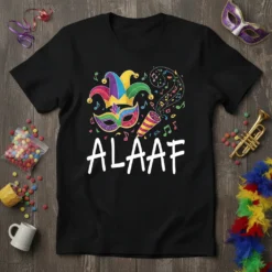 Black t-shirt with bold white "ALAAF" text and colorful Mardi Gras carnival graphics including a jester hat and mask