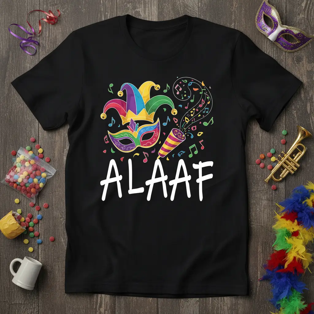 Vibrant ALAAF graphic on black t-shirt with carnival mask and jester hat design