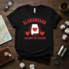 Alabama map outline with heart and "Alabamians Heart of Dixie" text on a black t-shirt
