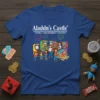 Aladdin's Castle Family Amusement Center t-shirt design featuring retro arcade games and happy families playing