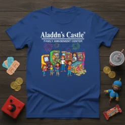 Aladdin's Castle Family Amusement Center t-shirt design featuring retro arcade games and happy families playing