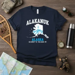 Alakanuk Alaska Coordinates detailed graphic design printed on comfortable cotton t-shirt