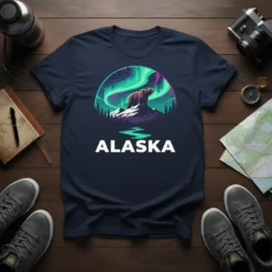 Alaska graphic t-shirt with a bear, mountains, and the Northern Lights design