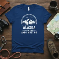Alaska Is Calling And I Must Go text with mountain hiker graphic on navy blue t-shirt