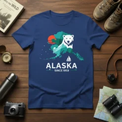 Alaska Since 1959 T-Shirt featuring a white bear graphic on a map of Alaska with a sailboat and sun