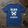 Alba Gu Bràth Scottish pride t-shirt featuring the Scottish flag shield design in white on a royal blue tee