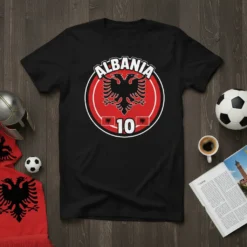 Albania Soccer 10 T-Shirt featuring the Albanian double-headed eagle and number 10 on a black tee