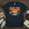 Albany Park vintage Chicago skyline t-shirt with retro sunset design and cyclist on bridge