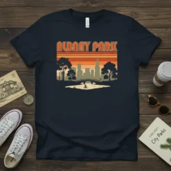 Albany Park vintage Chicago skyline t-shirt with retro sunset design and cyclist on bridge