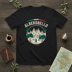 Alberobello Italian town t-shirt design with trulli houses and Italian flag, featuring the text Alberobello