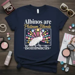 T-shirt with text "Albinos are Platinum Blonde Bombshells" and a graphic of a white albino peacock with colorful abstract background