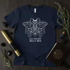 Alchemy Moon & Moth T-Shirt with white moth, crescent moon, and celestial stars graphic