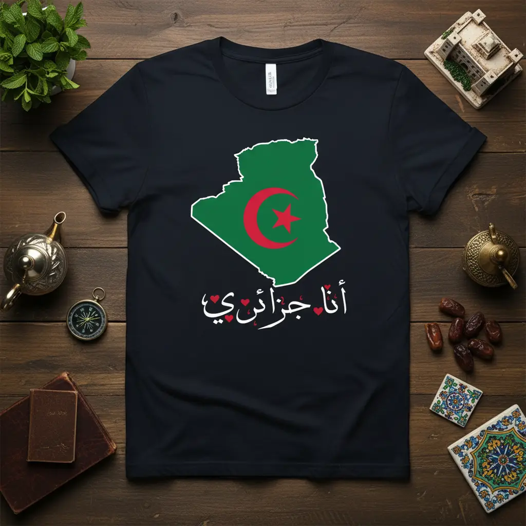 أنا جزائري Arabic text with Algerian flag map graphic on a t-shirt