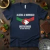 T-shirt design featuring the text "ALGERIA & MORROCCO BROTHERHOOD IN HEART AND PEACE" with flags shaking hands