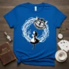 Alice in Wonderland Cheshire Cat graphic tee featuring Alice, mushroom, and caterpillar within a thorny circle