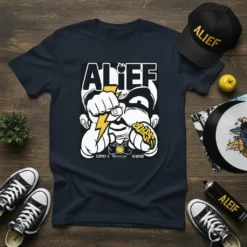 Navy blue t-shirt with bold white and yellow "ALIEF SUPPLY DEMAND" text and graphic design