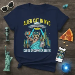 Alien Cat in NYC Close Encounter Selfie T-Shirt design featuring a cat dressed as the Statue of Liberty taking a
