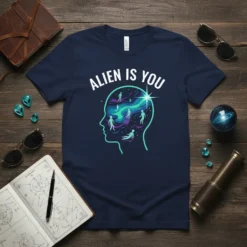 T-shirt featuring the text "ALIEN IS YOU" above a silhouette of a head filled with colorful nebulae and small figures