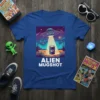 Alien Mugshot t-shirt design with a UFO beaming light onto a barrel labeled 67 in a desert landscape