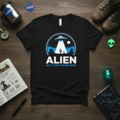 Black t-shirt with 'ALIEN NOT ALONE NEVER WERE' text and a UFO abduction graphic in a desert landscape