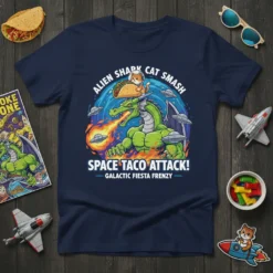 T-shirt design: Alien Shark Cat Smash Space Taco Attack! Galactic Fiesta Frenzy text with dragon, cat astronaut, and tacos