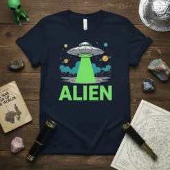 Navy blue t-shirt with the word ALIEN in large green text, featuring a cartoon UFO with a bright green beam