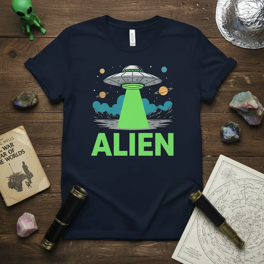 ALIEN text t-shirt with a UFO graphic and planets in the background, perfect for space enthusiasts