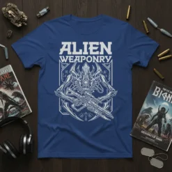 Alien Weaponry text above a detailed illustration of an alien creature holding a futuristic rifle, printed on a blue t-shirt