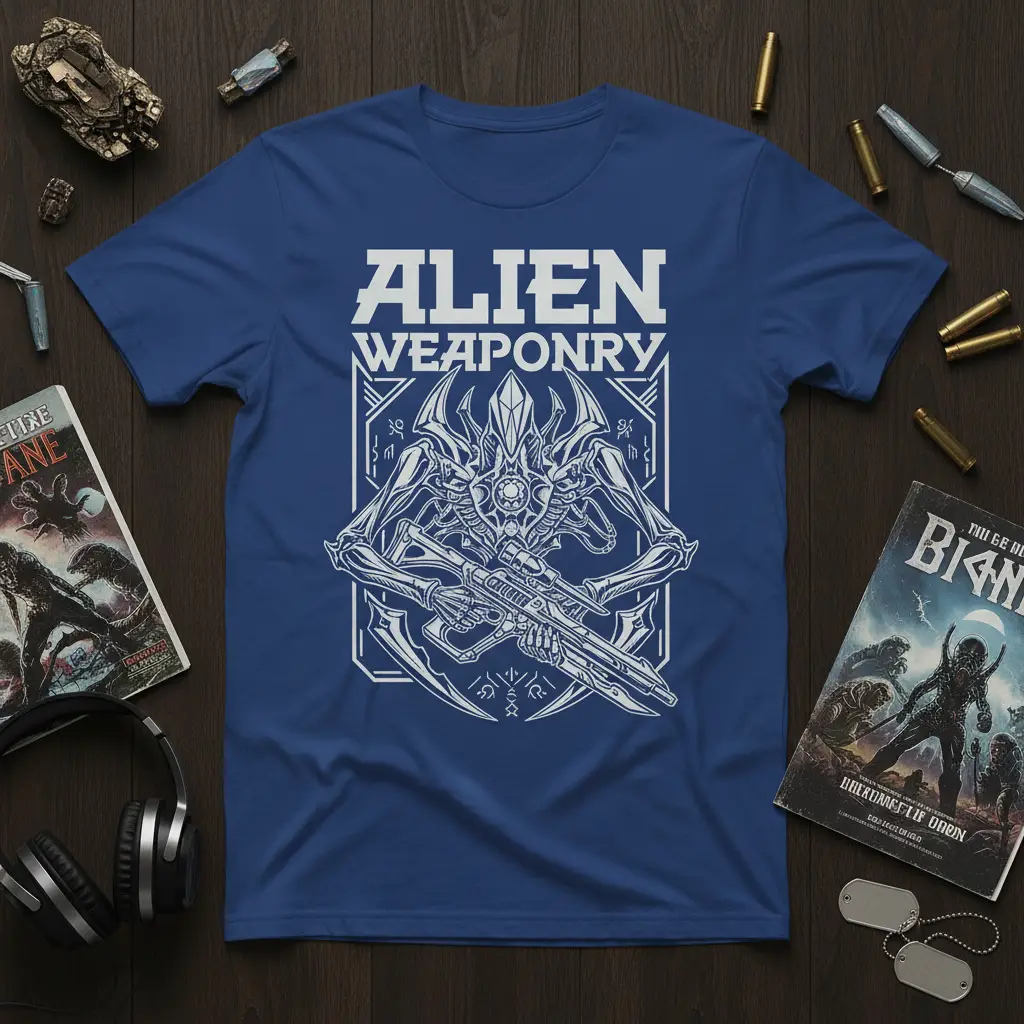 ALIEN WEAPONRY text above an alien holding a futuristic rifle on a blue t-shirt design