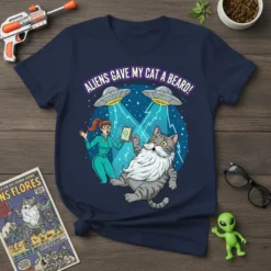 Aliens Gave My Cat A Beard! funny quote t-shirt with a cat wearing a beard and aliens in UFOs above