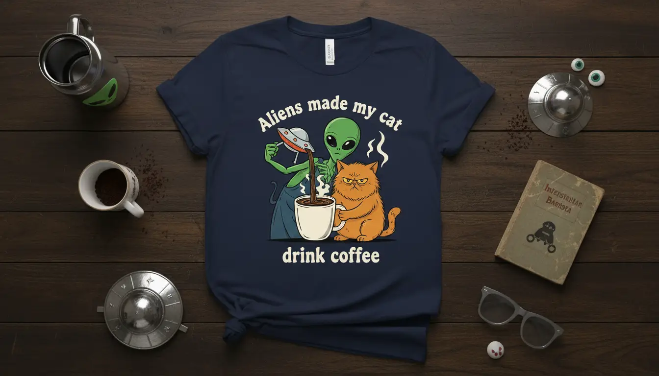 Funny Aliens made my cat drink coffee graphic with an alien and a grumpy cat enjoying coffee