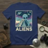 ALIENS T-Shirt design featuring a stylized alien, pyramid, and UFOs in a retro poster style