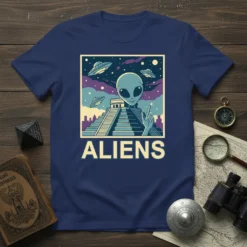 ALIENS T-Shirt design featuring a stylized alien, pyramid, and UFOs in a retro poster style