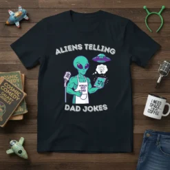 Aliens Telling Dad Jokes t-shirt design featuring a green alien wearing a 'World's Best Dad' apron and holding a tablet