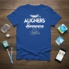 Blue t-shirt with white text "ALIGNERS Braces" and graphic of braces and teeth, representing dental care and orthodontics