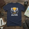 Navy t-shirt with a white and orange phoenix design and the word ALIVE in white text below