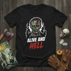Alive and Hell zombie t-shirt design with distressed typography and a detailed zombie face graphic