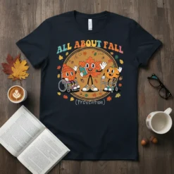T-shirt featuring "All About Fall (Prevention)" text with cartoon fall characters in a circle, including a leaf, pumpkin, and acorn