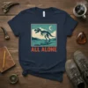 All Alone T-Rex skeleton graphic t-shirt with retro landscape and moon